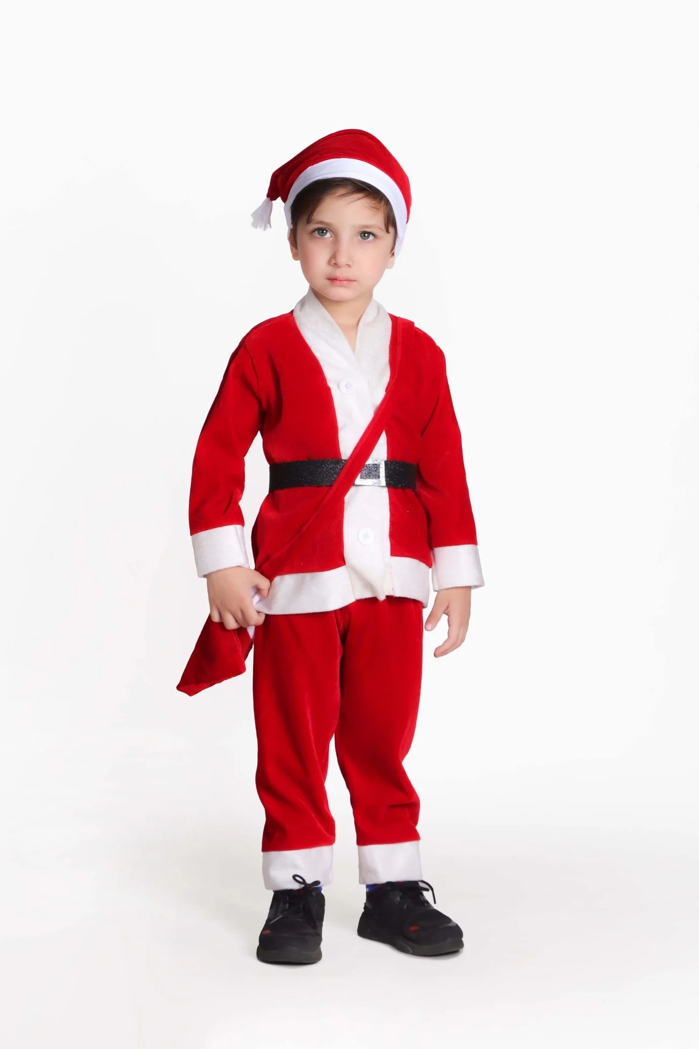 Santa Claus Costume Dress For Kids Christmas Costume Complete Set of 4(Jacket,Pant,Pouch,Hat) - Image 3